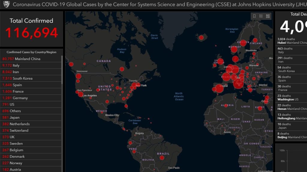 Screenshot of the Johns Hopkins Coronavirus COVID-19 Global Cases Map.