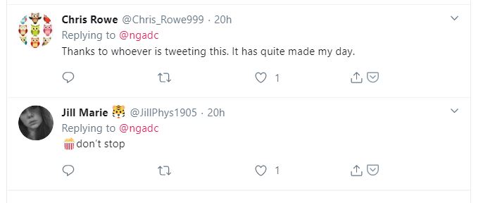 Comments reading "Thanks to whoever is tweeting this. It has quite made my day." And "[popcorn emoji] don't stop."