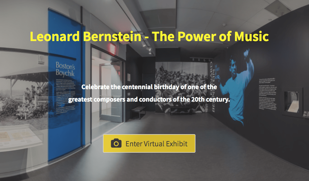 A graphic reading "Leonard Bernstein - The Power of Music. Celebrate the centennial birthday of one of the greatest composers and conductors of the 20th century. Enter virtual exhibit."