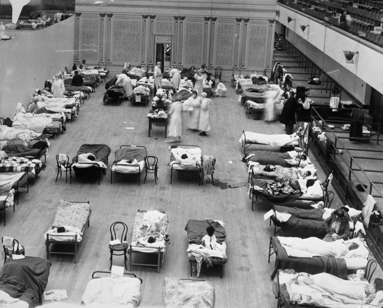 Volunteer nurses from the American Red Cross tending influenza sufferers in the Oakland Auditorium during the influenza pandemic of 1918. The Auditorium also housed the Oakland Art Gallery, which later birthed the Oakland Museum of California. From the Joseph R. Knowland collection at the Oakland History Room, Oakland Public Library, public domain.