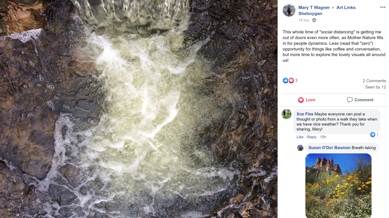 Screenshot of a Facebook group where program participants are sharing their photos of nature walks with reflections on the experience of social distancing