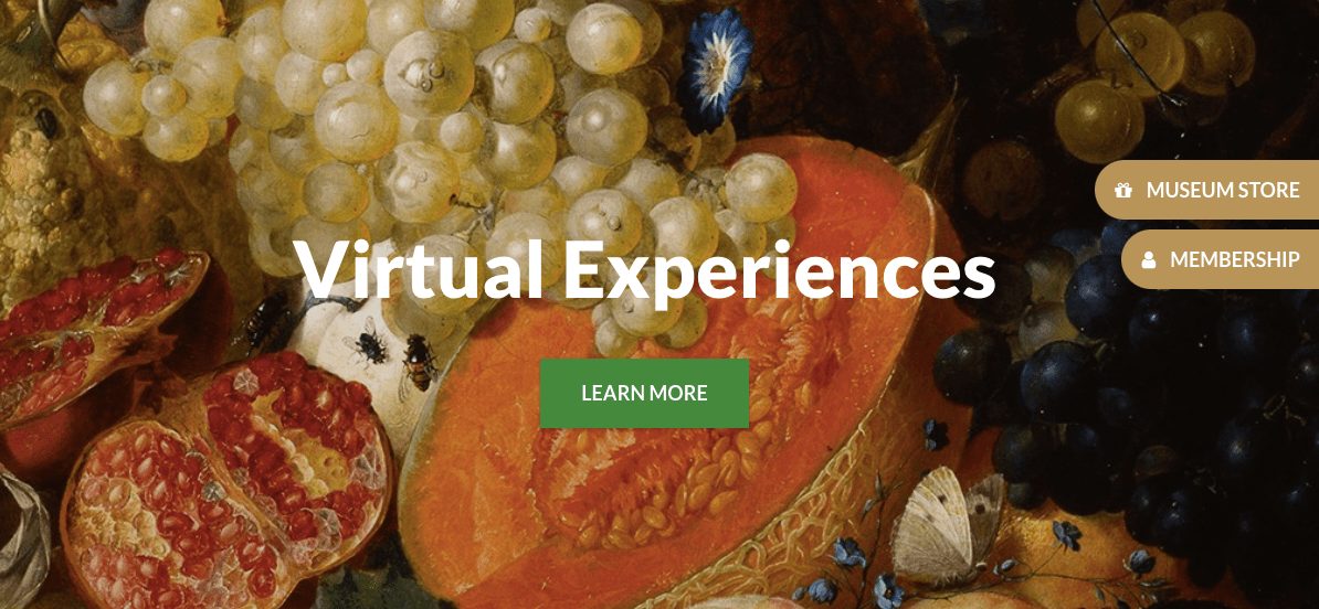 A web page that reads "Virtual Experiences" with a "learn more" button underneath