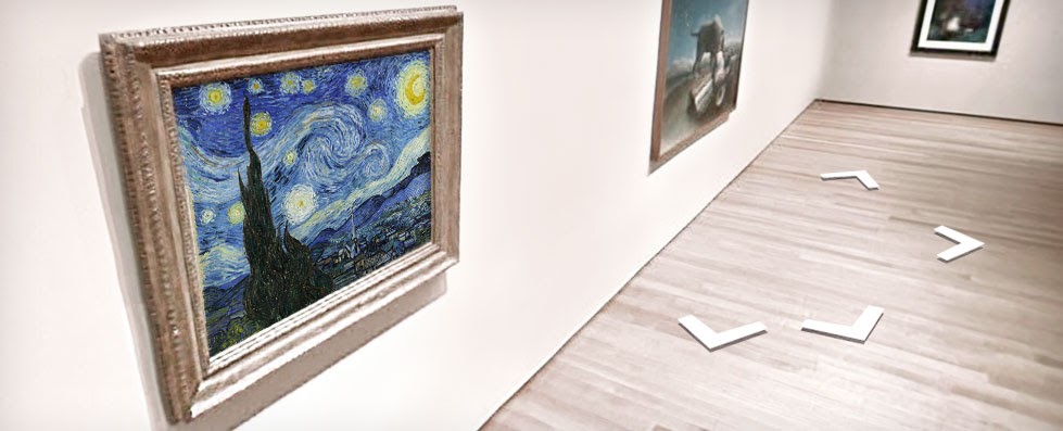 A view inside a virtual gallery, with Van Gogh's "Starry Night" on display and directional arrows the viewer can click on to move through the gallery