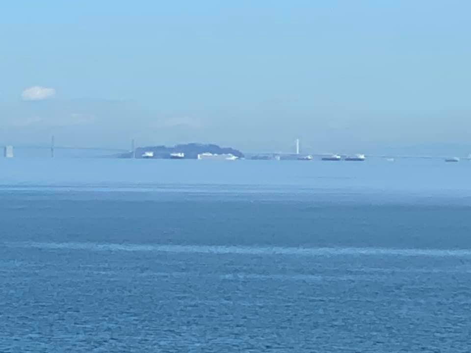 Cruise Ship enters San Francisco Bay, carrying passengers who have tested positive for COVID-19, March 8, 2020.  Photo credit: Kristin Wight.