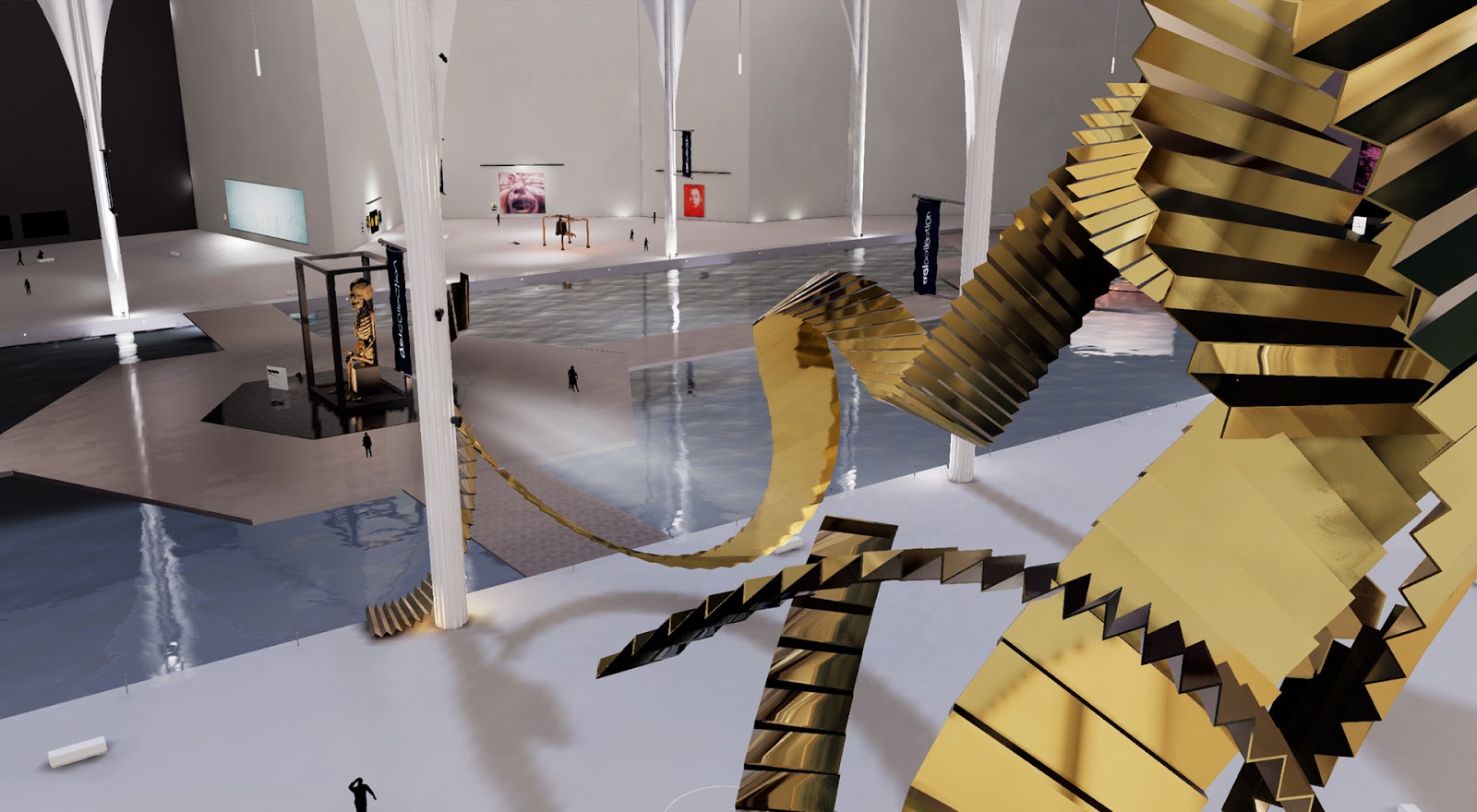 A virtual reality rendering of a museum space with a large gold sculpture on display