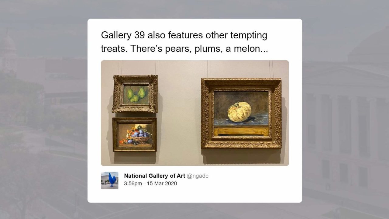 A tweet reading "Gallery 39 also features other tempting treats. There’s pears, plums, a melon..." with pictures of the paintings referenced.