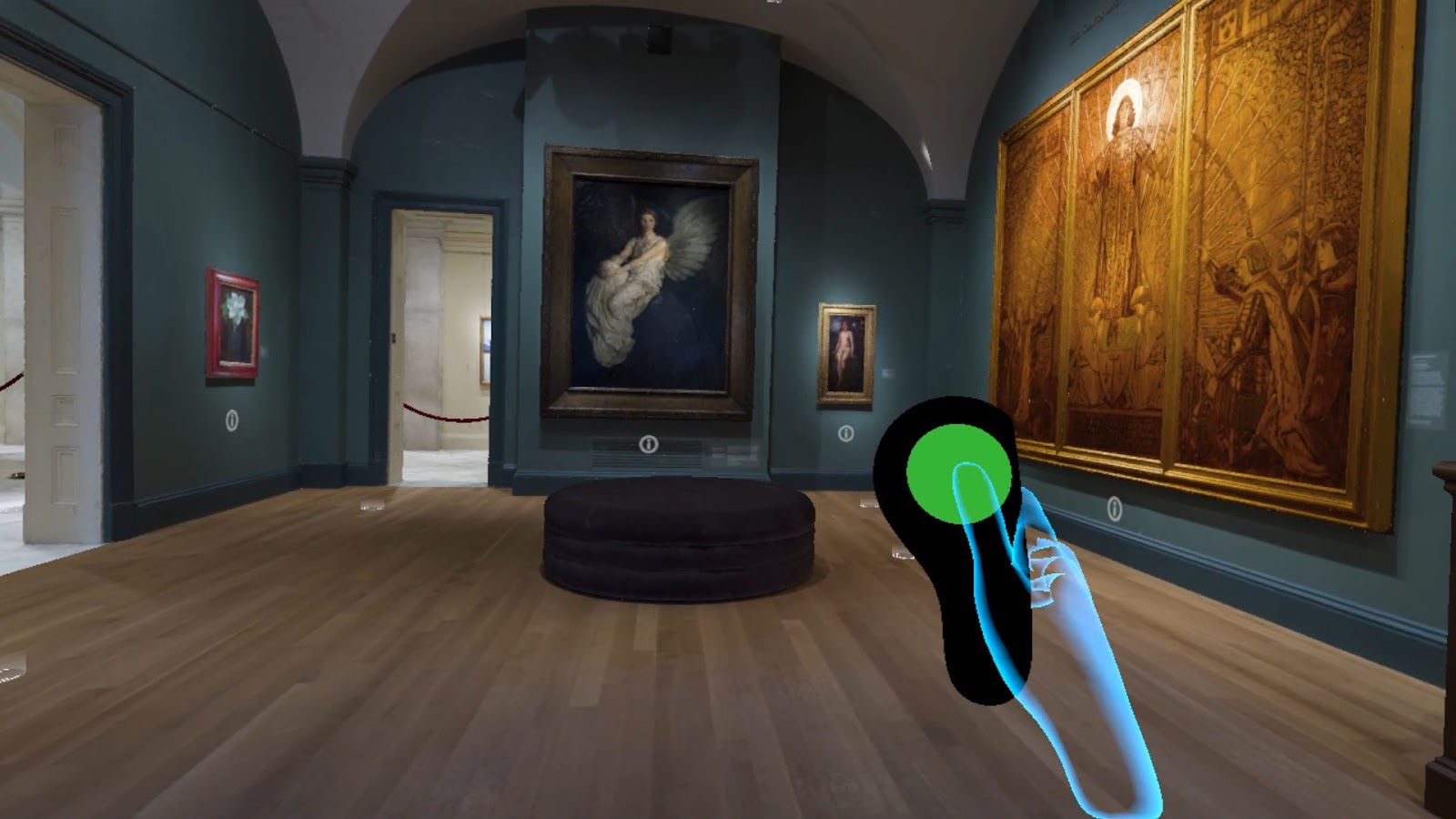 An art museum gallery with a rendering of a hand holding a remote control overlaid