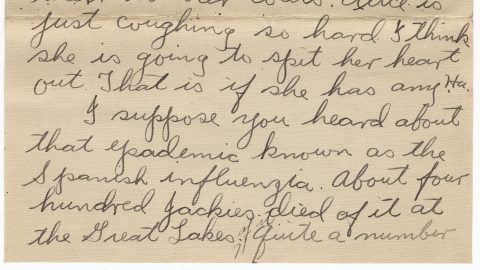 A handwritten letter reading, in part "I suppose you have heard of that epademic known as Spanish influenzia."