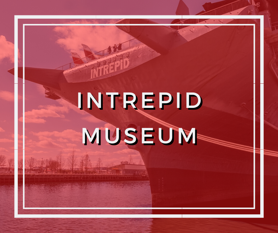 A graphic of the Intrepid ship with the name of the museum overlaying it
