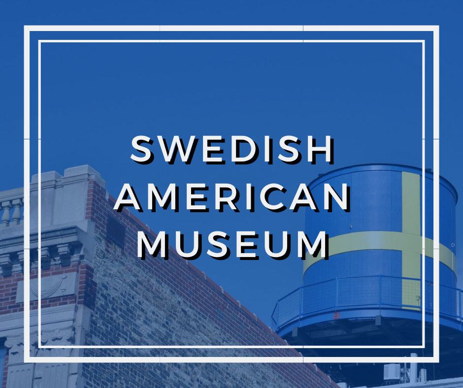 A graphic of a water tower with the Swedish flag on it and the name of the museum overlaying it