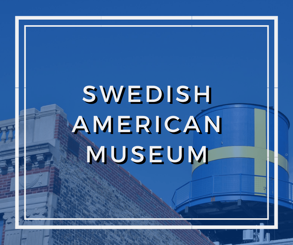 A graphic of a water tower with the Swedish flag on it and the name of the museum overlaying it