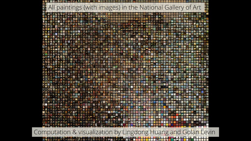 A slide reading "All paintings (with images) in the National Gallery of Art" with small tiles representing every painting