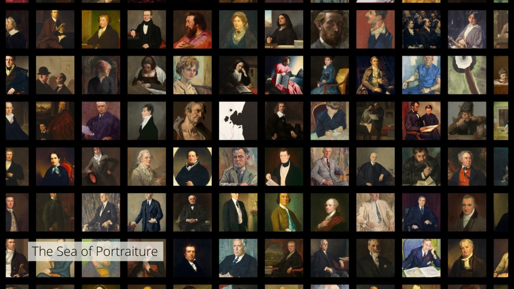 A slide titled "The Sea of Portraiture" with tiles showing a range of portraits, as well as some outlying abstract paintings