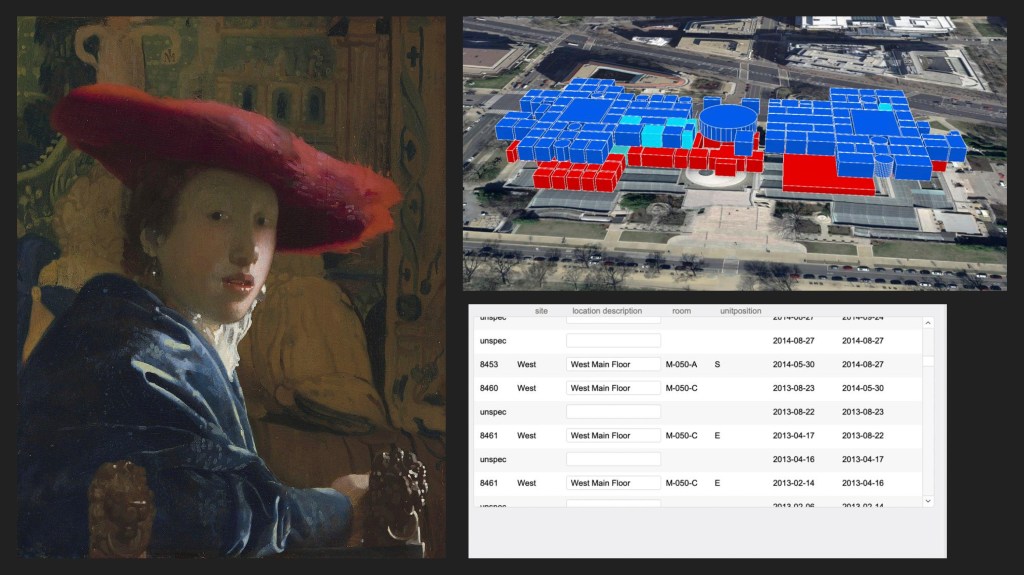 A slide showing a painting next to a virtual map version of the museum's galleries