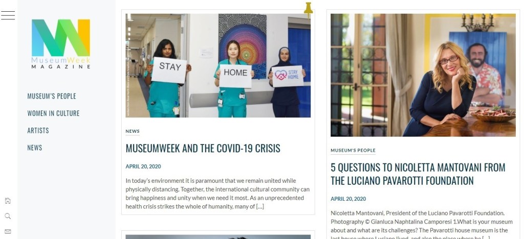 A website home page with articles called "MuseumWeek and the COVID-19 Crisis" and "5 Questions to Nicolette Mantovani from the Luciano Pavarotti Foundation"