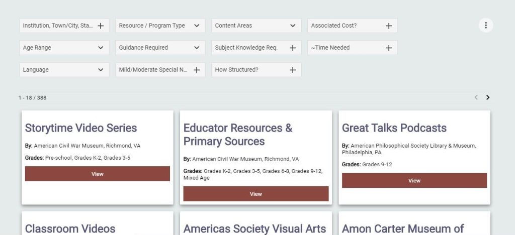 A selection of results with titles like "Storytime Video Series," "Educator Resources and Primary Sources," and "Great Talks Podcasts," underneath menus that can narrow down the results by factors like language, age range, guidance required, content areas, etc.