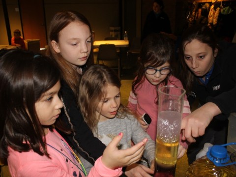 Students in a workshop looking at material in a lab beaker