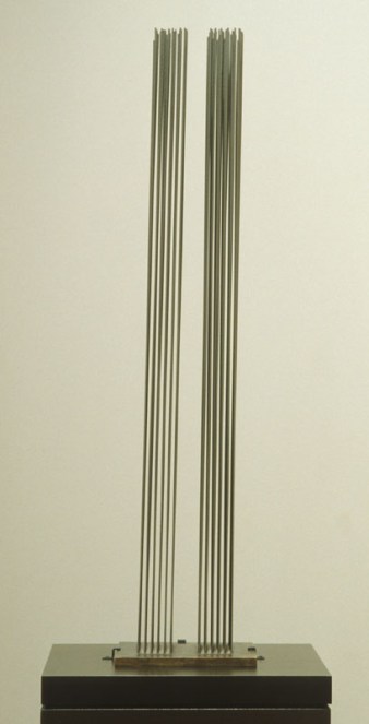 Two columns of vertical rods standing on a black base