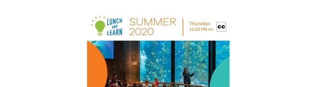 Text at top that says lunch and learn with photo of group of people seated in front of aquarium and date and title of event at bottom
