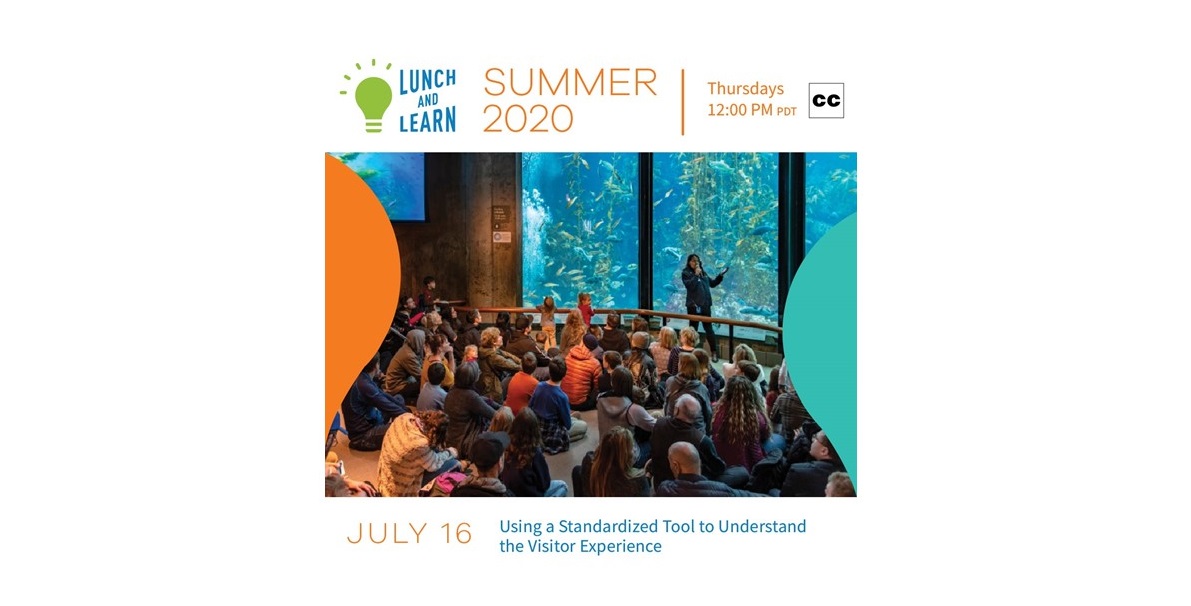 Text at top that says lunch and learn with photo of group of people seated in front of aquarium and date and title of event at bottom