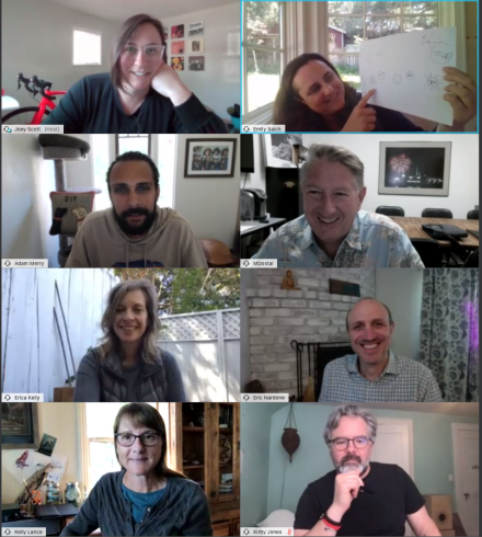 A video chat grid showing eight participants.