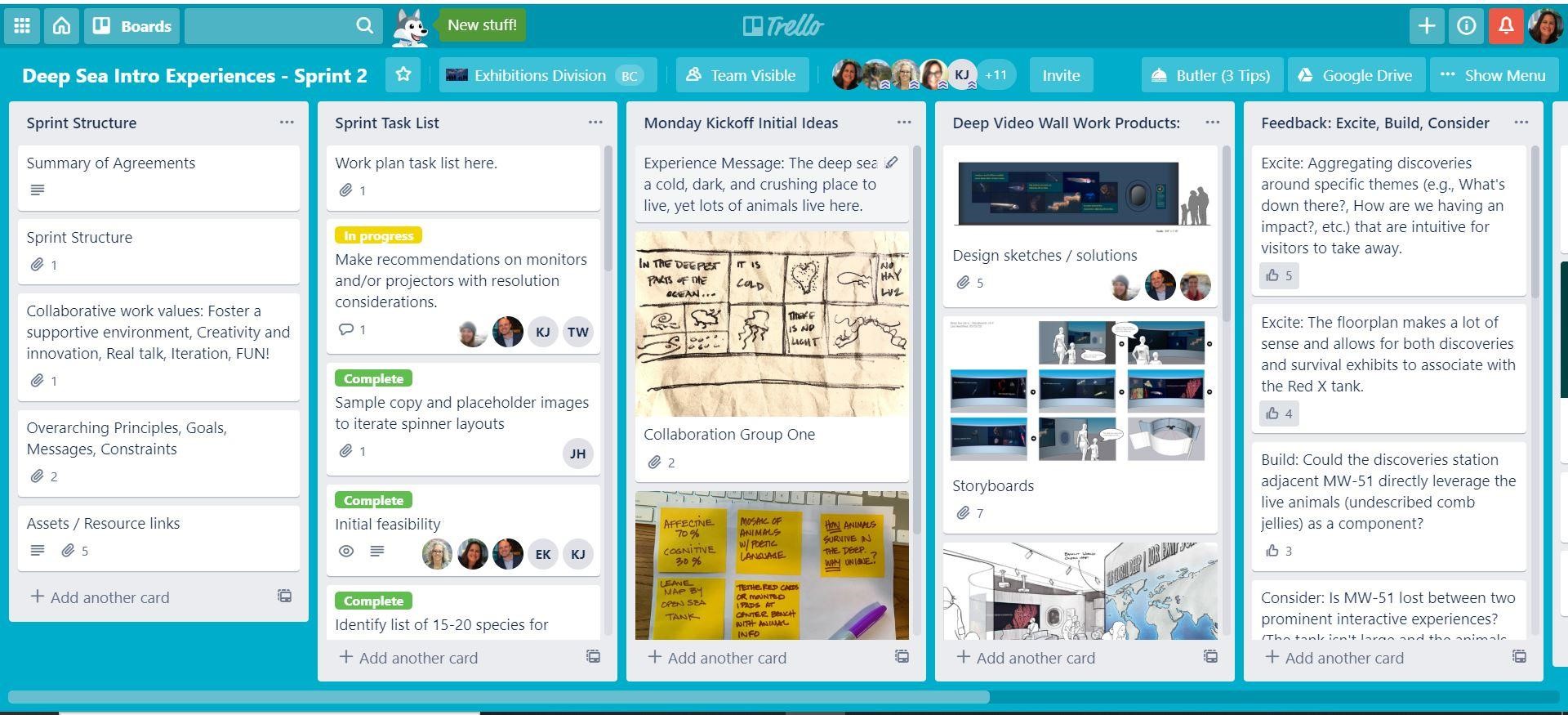 A dashboard on the Trello platform titled "Deep Sea Intro Experiences - Sprint 2" with tabs reading "Sprint Structure," Sprint Task List," "Monday Kickoff Initial Ideas," "Deep Video-Wall Work Products," and "Feedback: Excite, Build, Consider." 