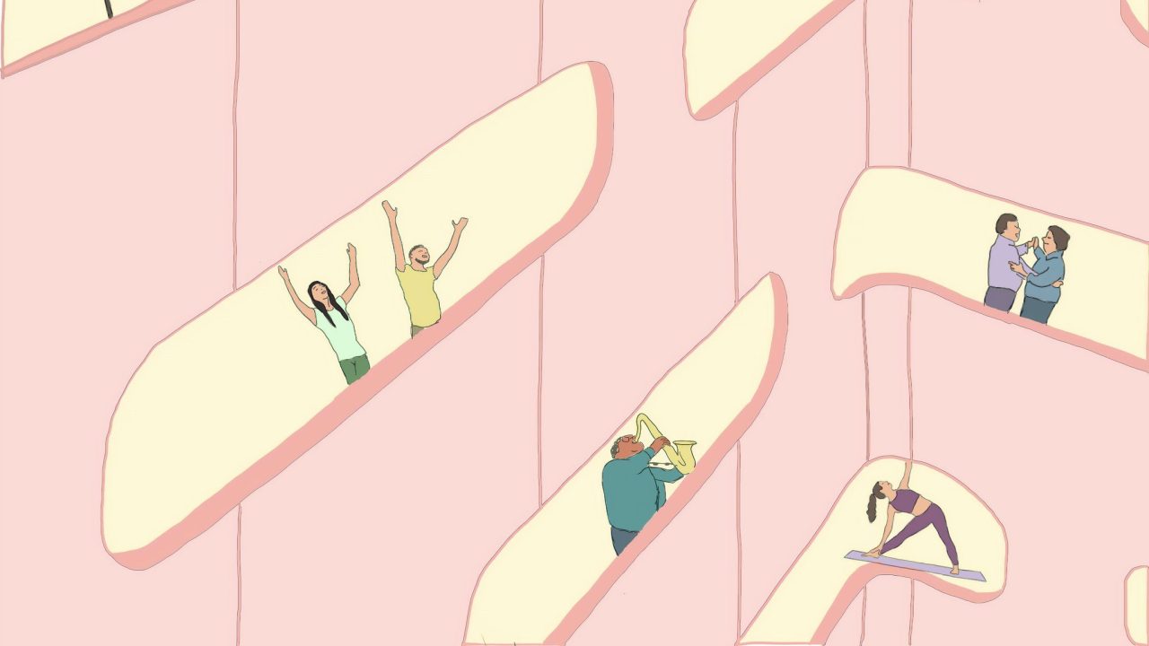 A stylized graphic of people facing toward windows and engaging in a variety of activities like playing an instrument, doing yoga, and window-watching.