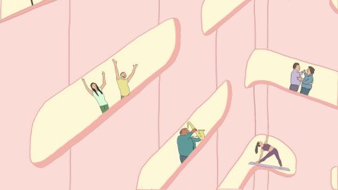 A stylized graphic of people facing toward windows and engaging in a variety of activities like playing an instrument, doing yoga, and window-watching.