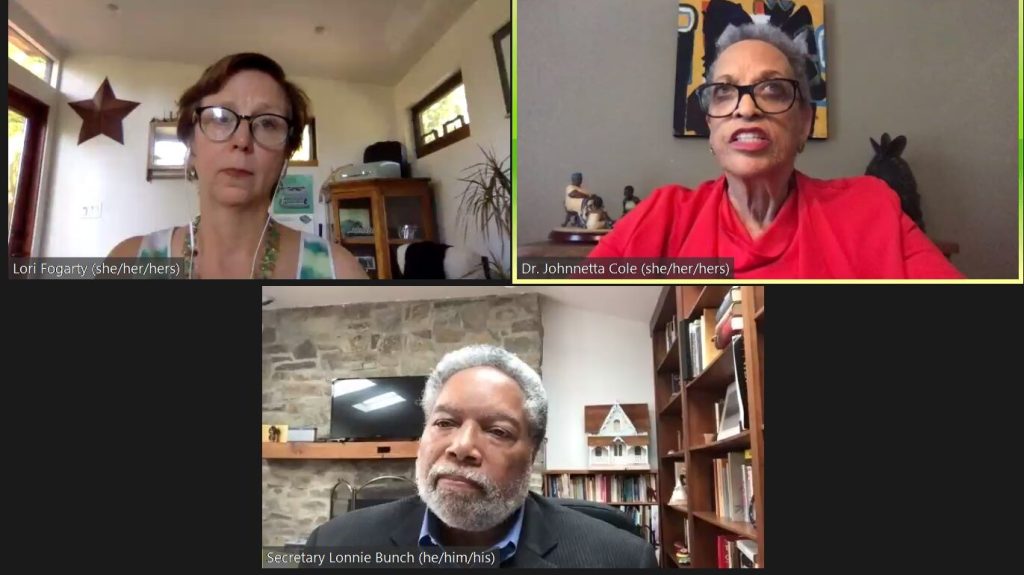Screenshot of a Zoom conversation between Lori Fogarty, Dr. Johnnetta B. Cole, and Lonnie G. Bunch III