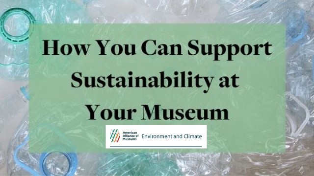 Graphic reading "How You Can Support Sustainability at Your Museum" on green text box with logo for AAM's Environment and Climate Network, and abstract border.