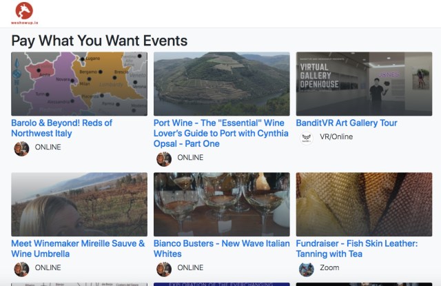 6 thumbnail images of pay what you want events