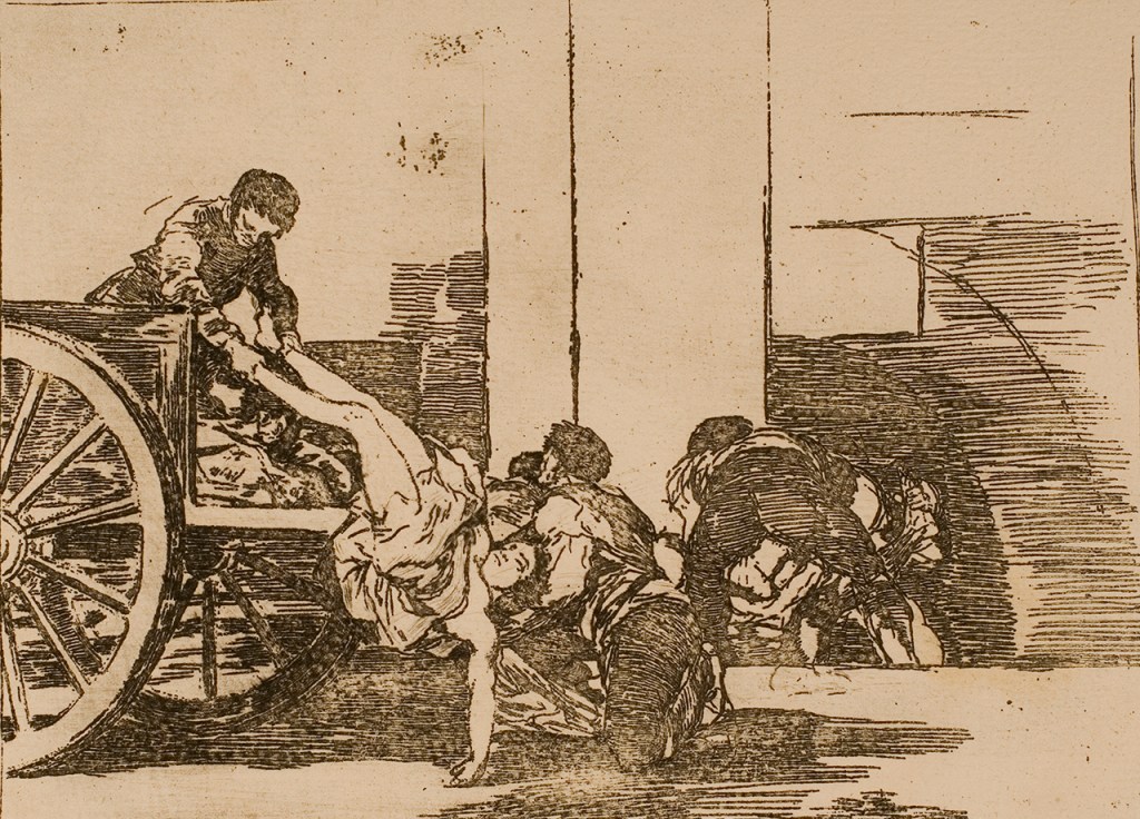An etching of people transporting an inert body via a cart