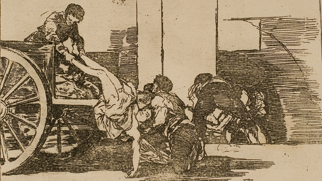 An etching showing people transporting an inert body via cart