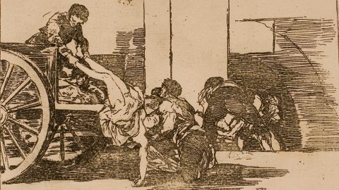 An etching showing people transporting an inert body via cart