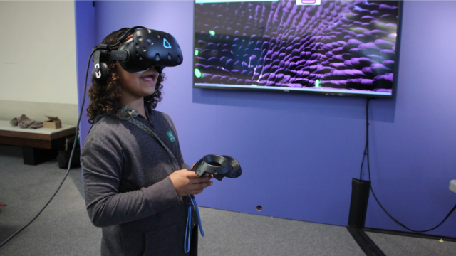 picture of girl wearing VR headset holding game controller