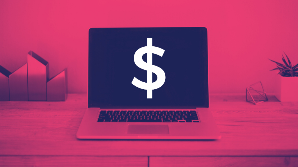 A graphic of a laptop with a dollar sign displayed on the screen