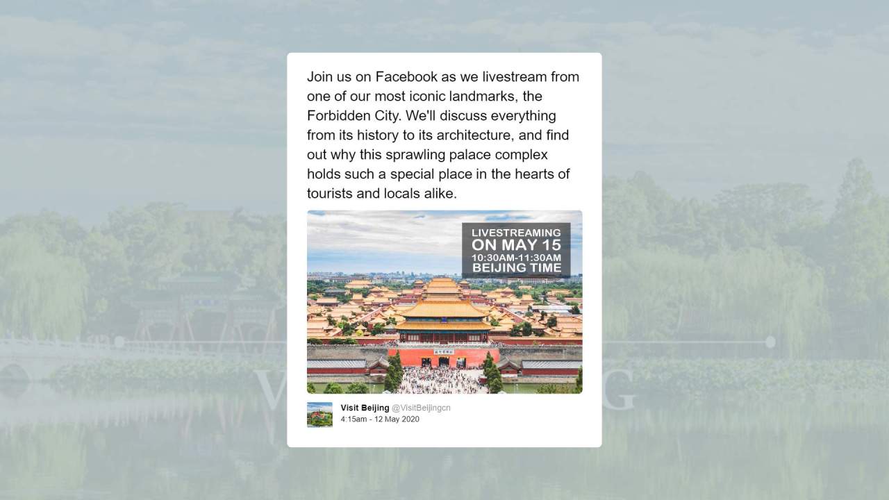 Screenshot of a tweet advertising a livestream event for the Forbidden City in Beijing