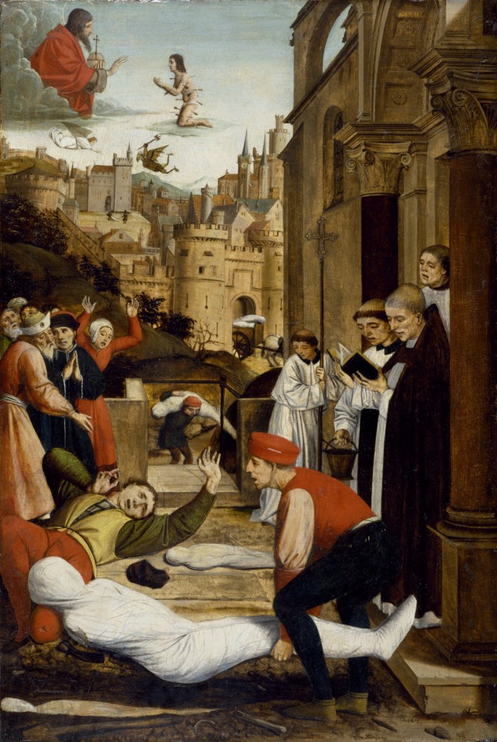 A crowd attends to and prays over bodies wrapped in sheets, while a saint is seen kneeling before a religious deity in the sky in the background.