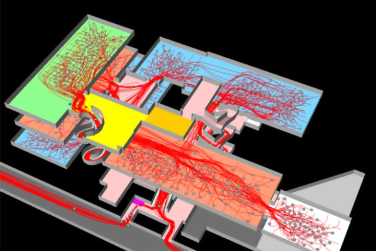 A building floor plan with dots and trend lines showing the flow of visitors and where they are most concentrated