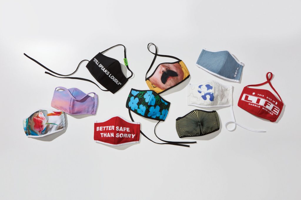 An array of face masks in varying prints, including the messages "Life: Handle with Caution" and "Better Safe Than Sorry."