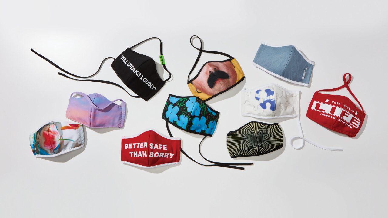 An array of face masks in varying prints, including the messages "Life: Handle with Caution" and "Better Safe Than Sorry."