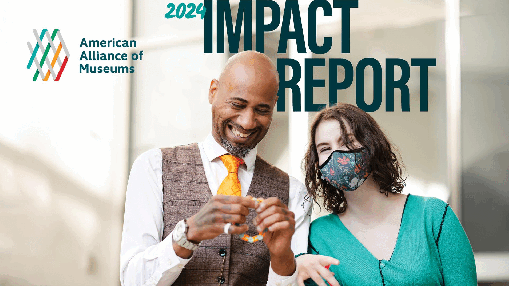 Slideshow of the 2024 Impact Report shows the cover (two smiling museum professional); "Learning" slide with a crowd before a keynote stage; "Community" slide with two people dancing at an AAM Party; "Practice Management" slide with a hard hat tour of a new museum; and "Advocacy" slide with an advocate shaking hands with their Senator.