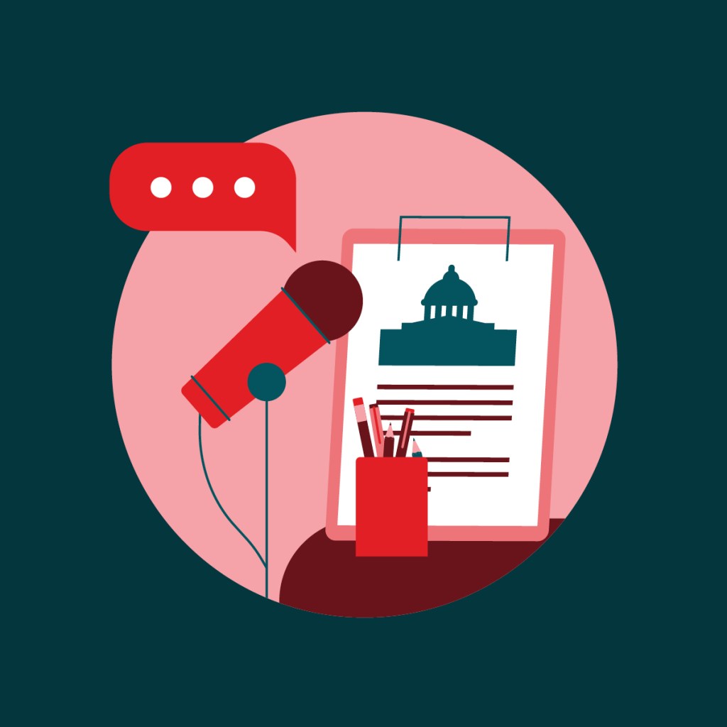 Icon of a written report, with capitol building dome on it and a microphone