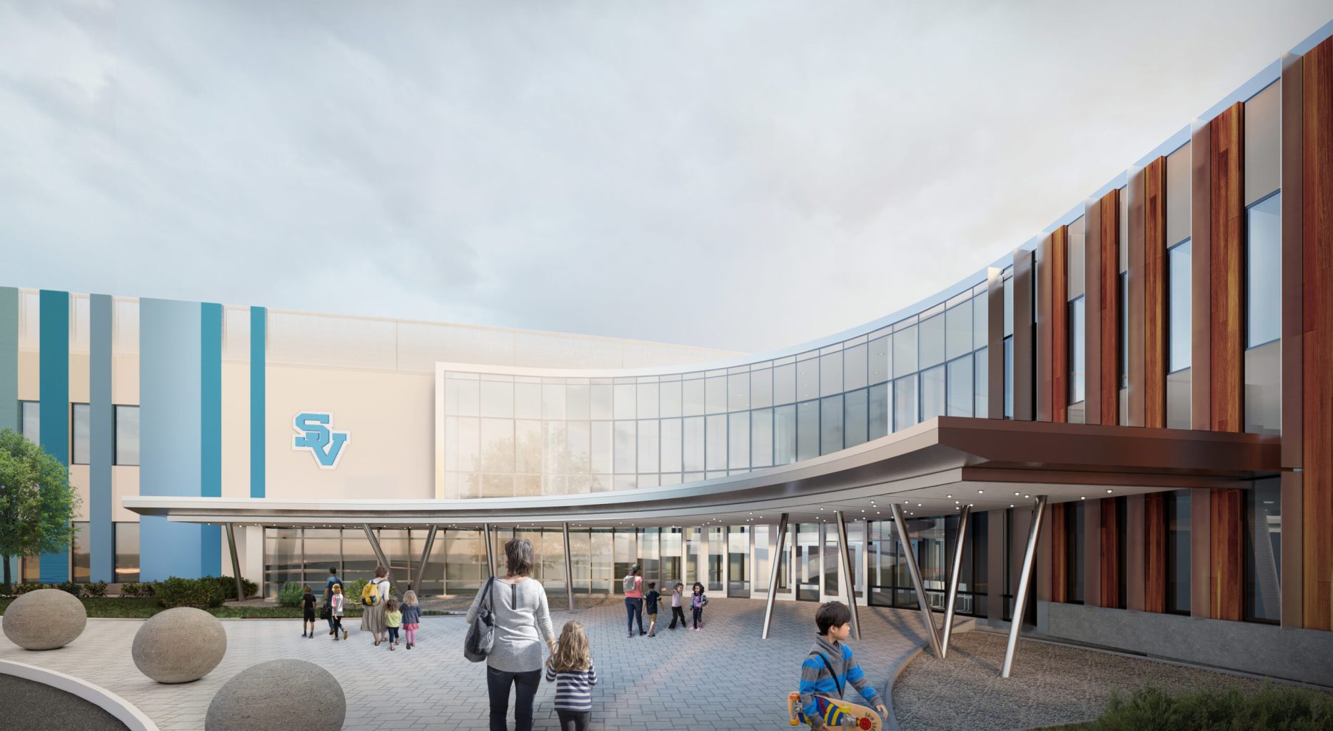 Rendering of the entrance of a school, with glass and wood paneling and a low curving pavilion around the door