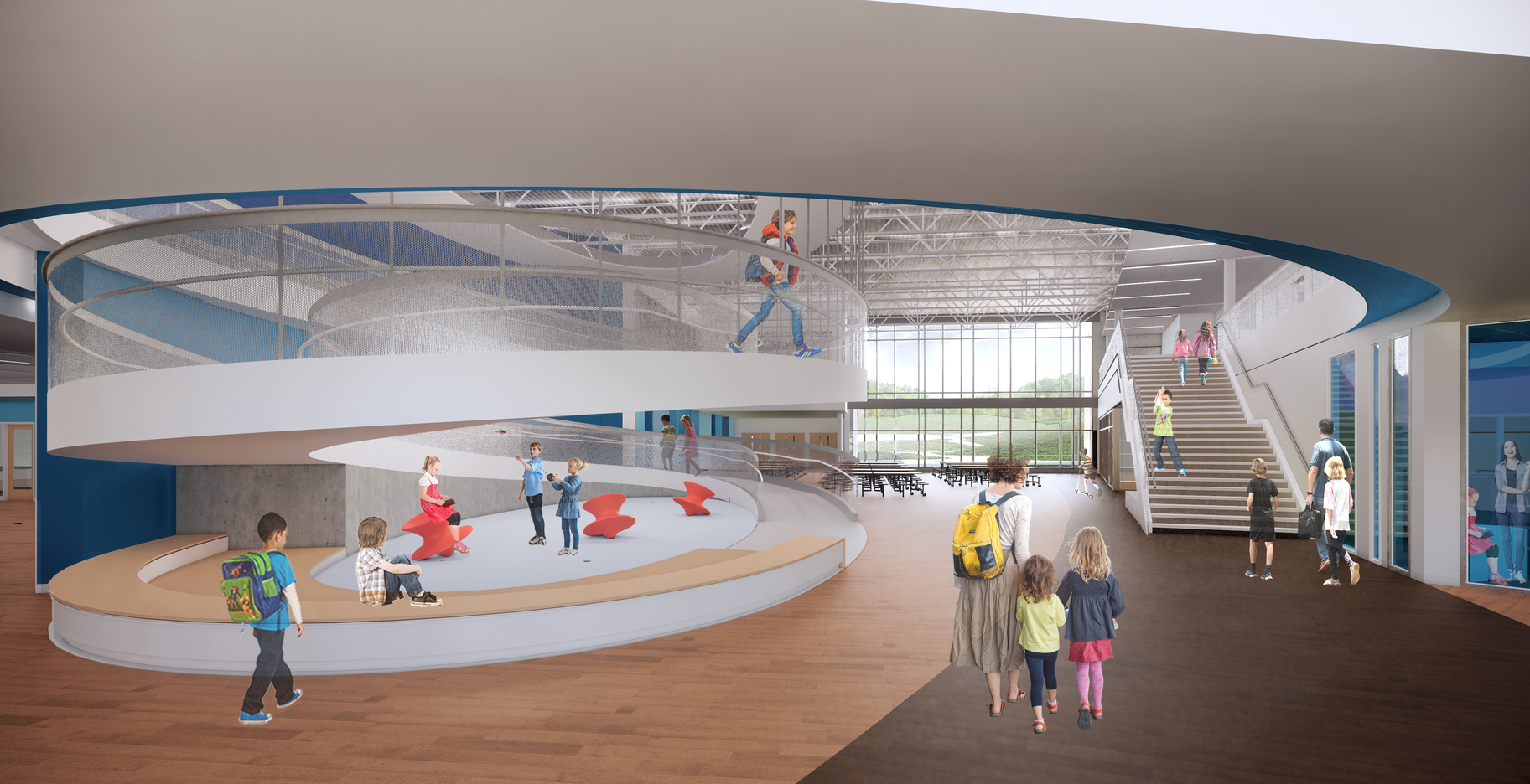 Rendering of a school lobby where a large parabolic ramp to the second floor is visible, with seating at the bottom