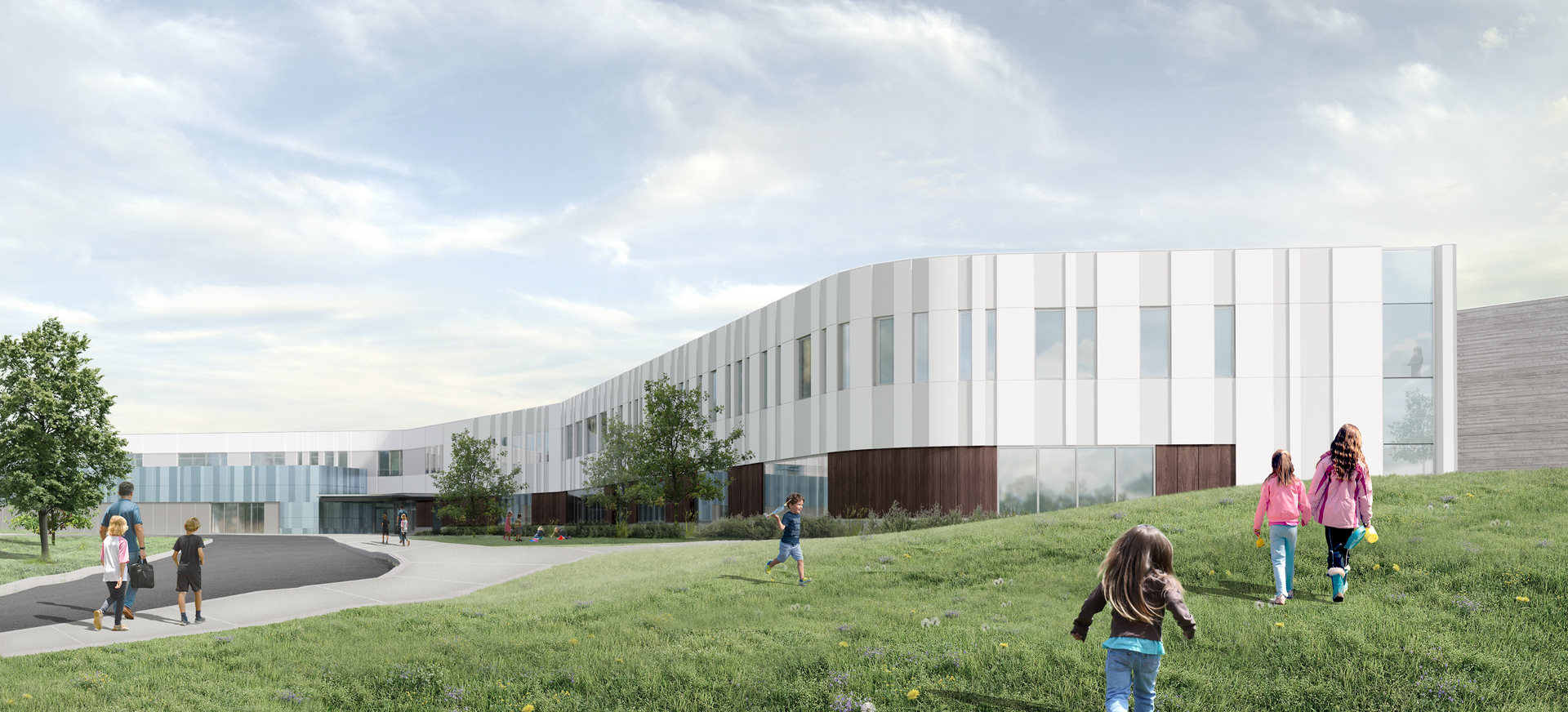 Rendering of an outdoor area near a school, where children are seen frolicking in a large field