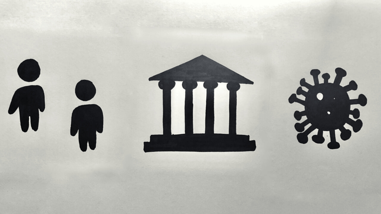 Icon drawings of children, a neoclassical museum facade, and the COVID-19 virus