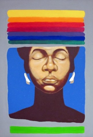 A painting of prismatic stripes surrounding a stylized face of a Black woman