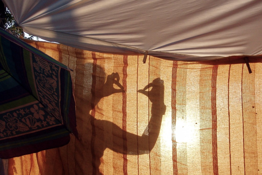 A shadow puppet show taking place behind a sheet