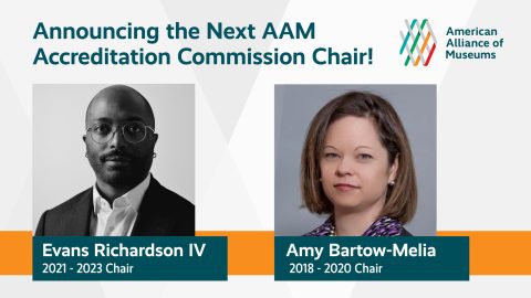 headshots of Amy Bartow Melia and Evans Richardson IV under the headline "Announcing the Next AAM Accreditation Commission Chair!"
